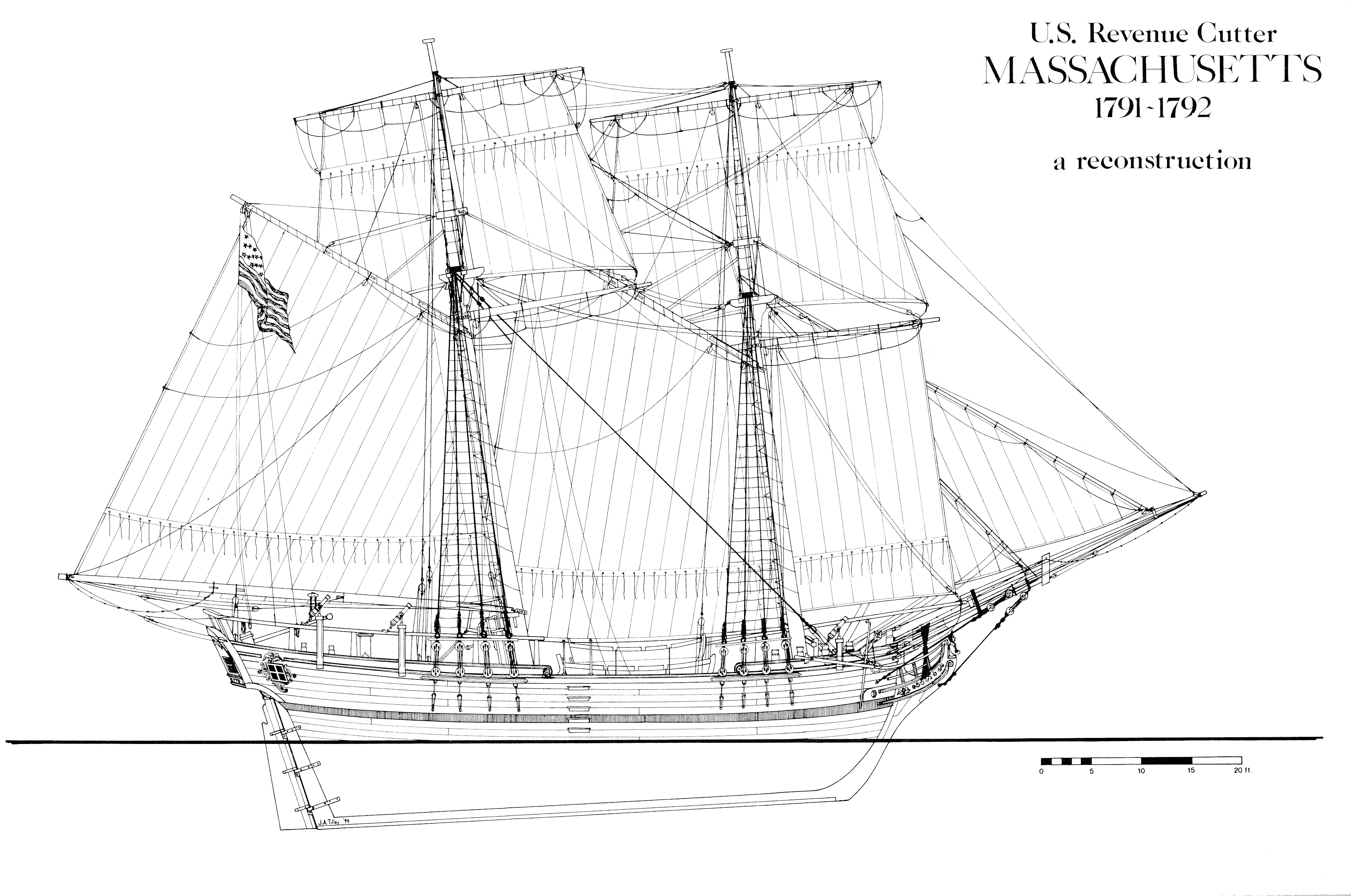 2.	A profile line drawing of the first revenue cutter Massachusetts commissioned in 1791. (U.S. Coast Guard)
